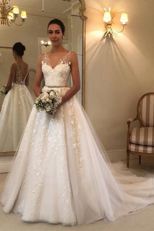 Popular Open Back Long A-Line Wedding Dress with Sweetheart Tulle