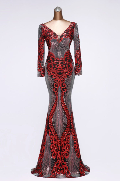 BMbridal Sparkly Sequined V-Neck Mermaid Long Prom Dresses with Long Sleeves Online