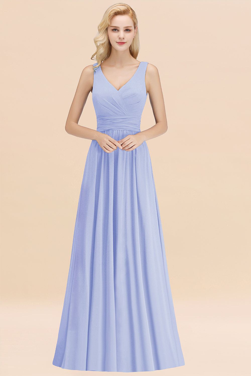 BMbridal Modest Sleeveless V-Neck Long Chiffon Bridesmaid Dress Online with Ruffle-BMbridal