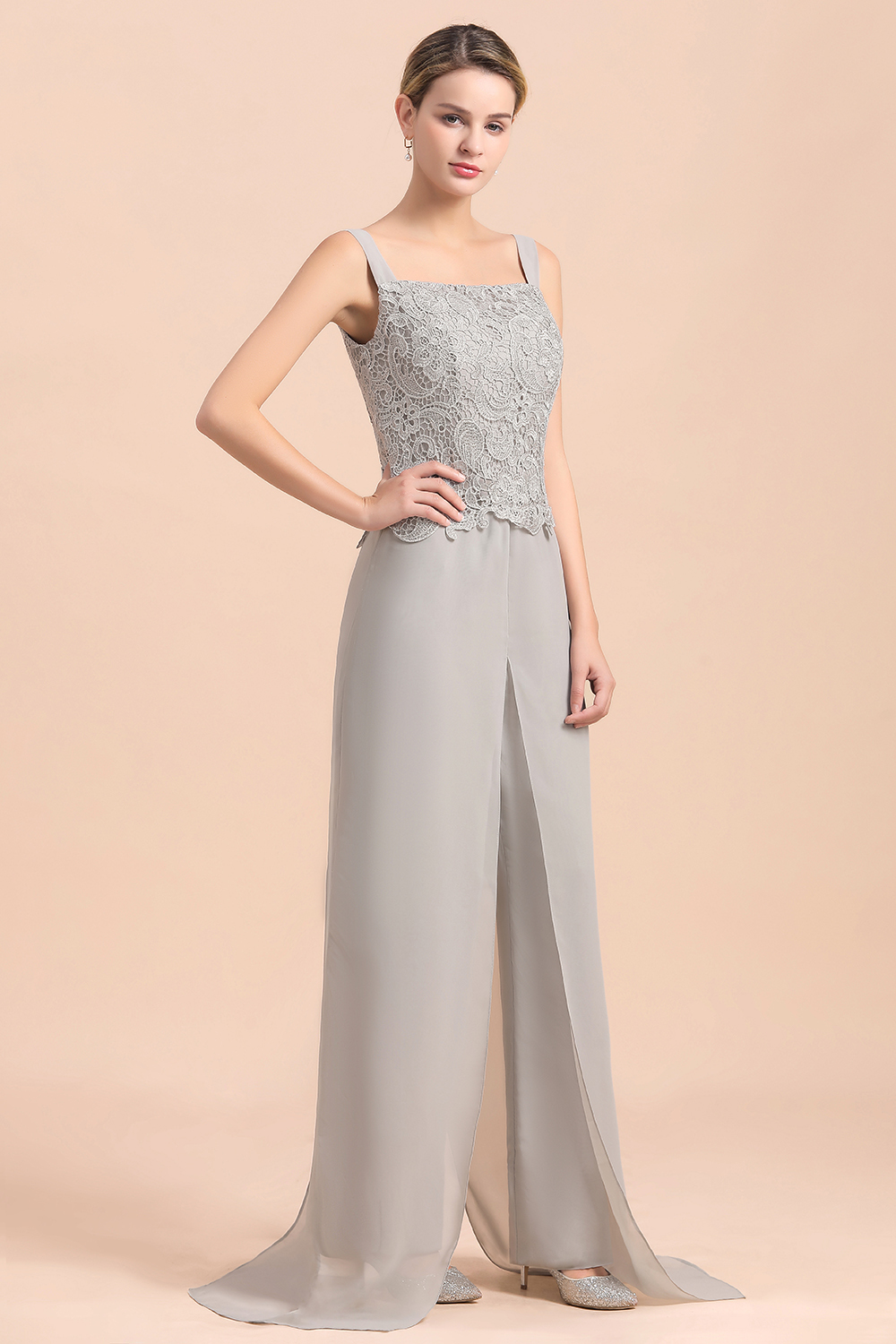 BMbridal Elegant Silver Lace Top Chiffon Mother of Bride Jumpsuit Online with Wrap-BMbridal