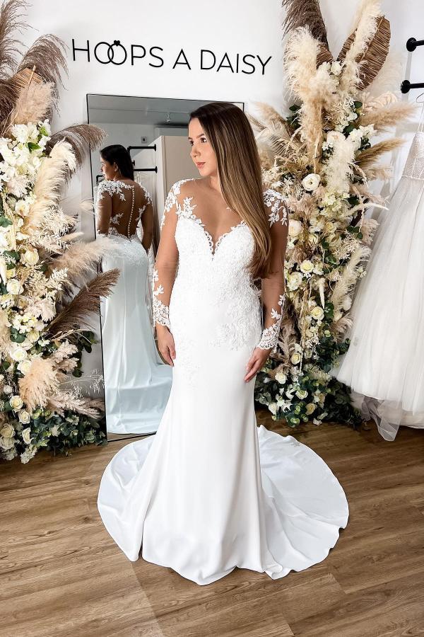 Bmbridal Long Sleeves Mermaid Wedding Dress Lace Zipper Button Back-BMbridal