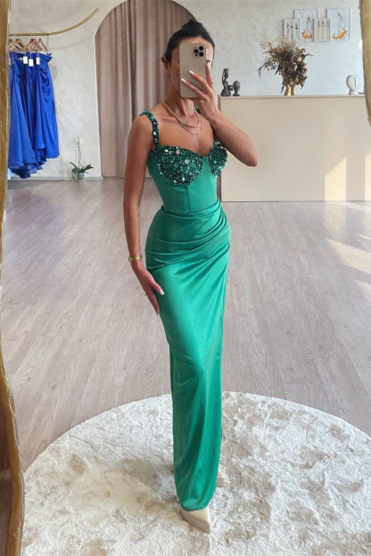Elegant Mermaid Spaghetti Straps Sleeveless Appliques Satin Green Prom Dresses