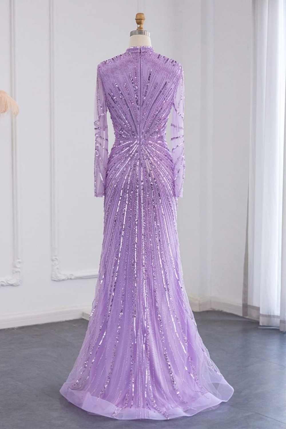 Bmbridal Yellow Floor-Length Long Sleeves High Neck Tulle Prom Dresses with Beadings