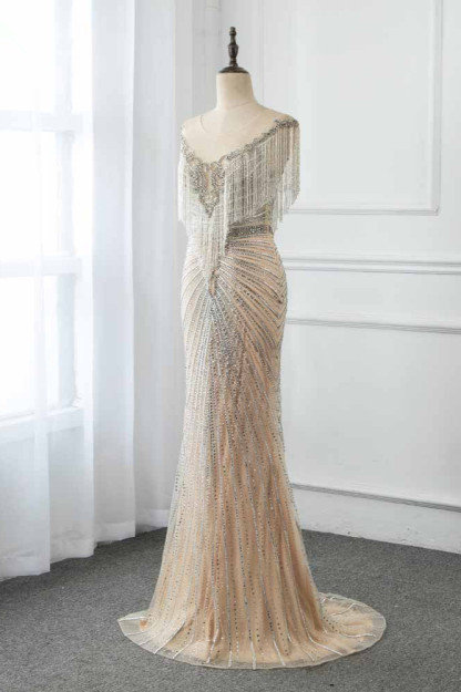 BMbridal Luxury Tulle Jewel Beadings Mermaid Prom Dresses with Tassels Online