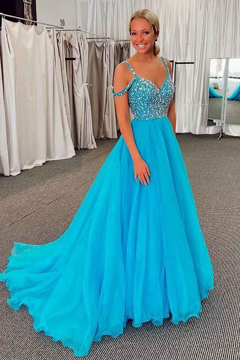 Sparkly Blue A Line Cold Shoulder Long Prom Dress with Beading