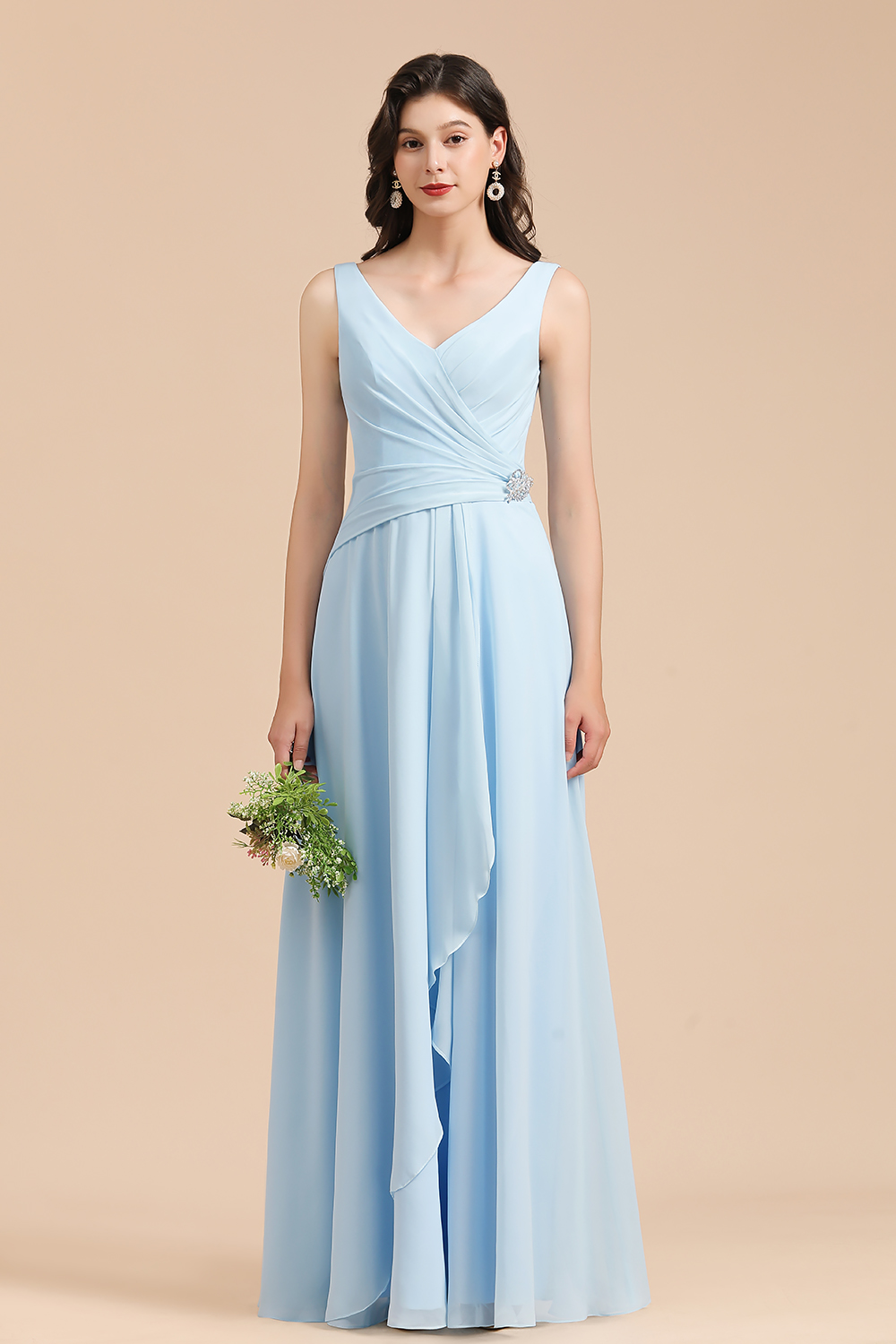 BMbridal Sky Blue Chiffon Long Bridesmaid Dress Ruched-BMbridal
