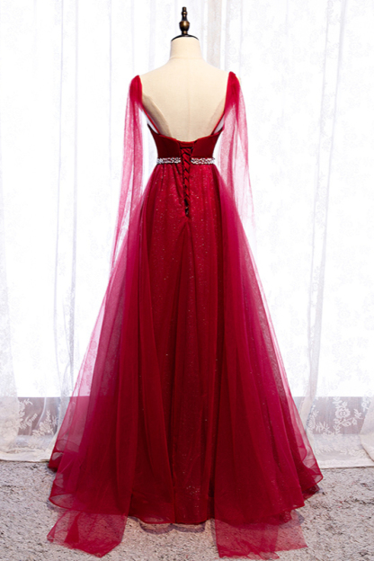 BMbridal Stunning Spaghetti Straps Tulle Burgundy Prom Dresses V-Neck Sleeveless Sequins Evening Dresses Online-BMbridal