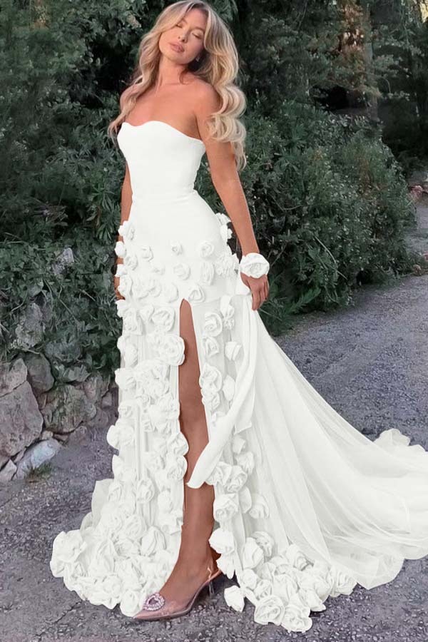 Strapless Sleeveless Long Mermaid Prom Dress With Split Appliques