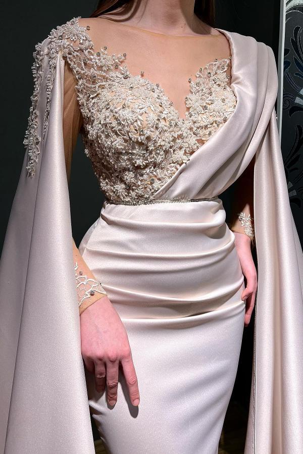 Bmbridal Rust Long Sleeves Mermaid Prom Dress Appliques Beads With Cape