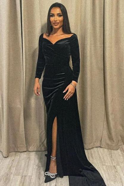 BMbridal Black Long Sleeves Velvet Prom Dresses Mermaid With Slit