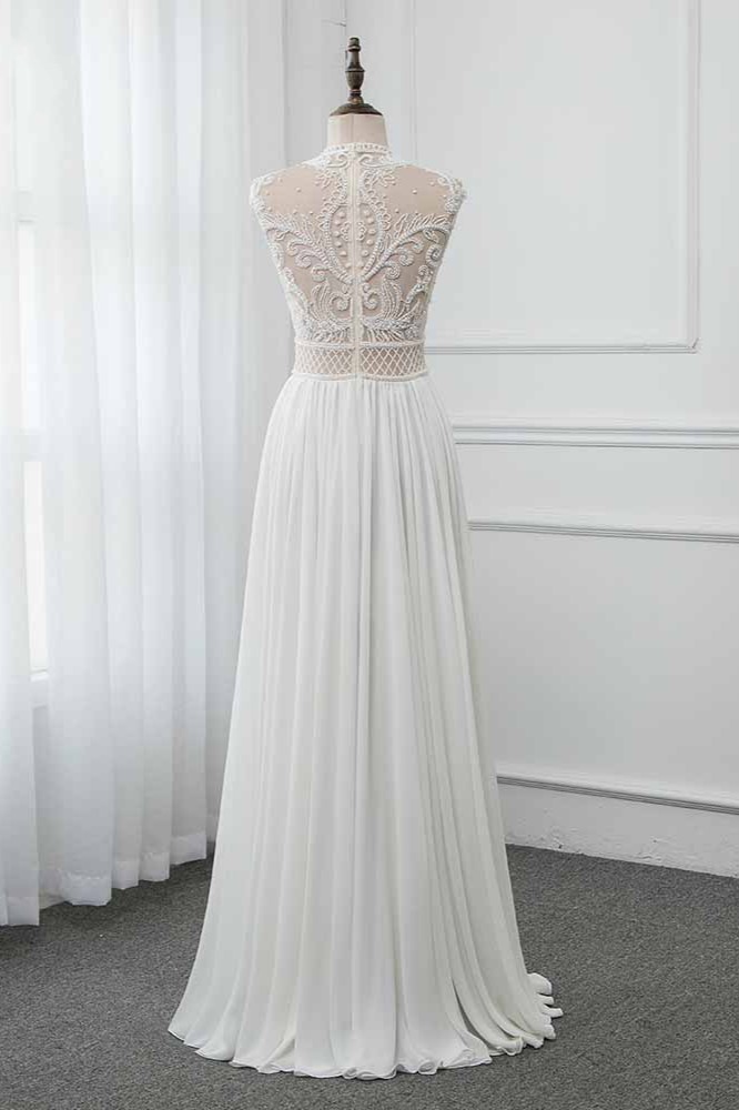 BMbridal Chic Jewel Chiffon Ruffle White Wedding Dresses Lace Top Sleeveless Bridal Gowns with Pearls-BMbridal