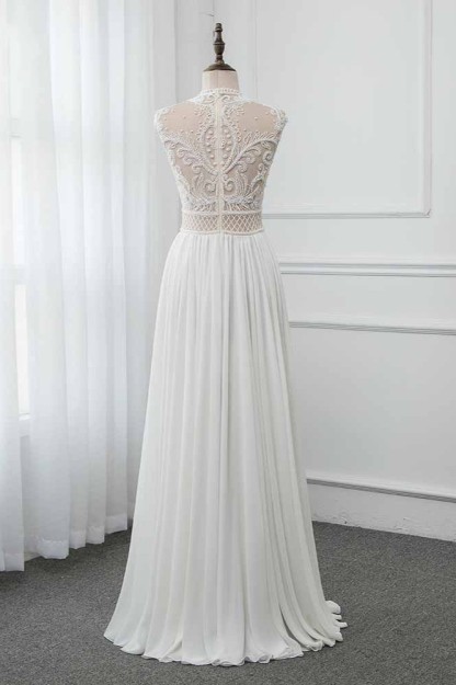 BMbridal Chic Jewel Chiffon Ruffle White Wedding Dresses Lace Top Sleeveless Bridal Gowns with Pearls-BMbridal