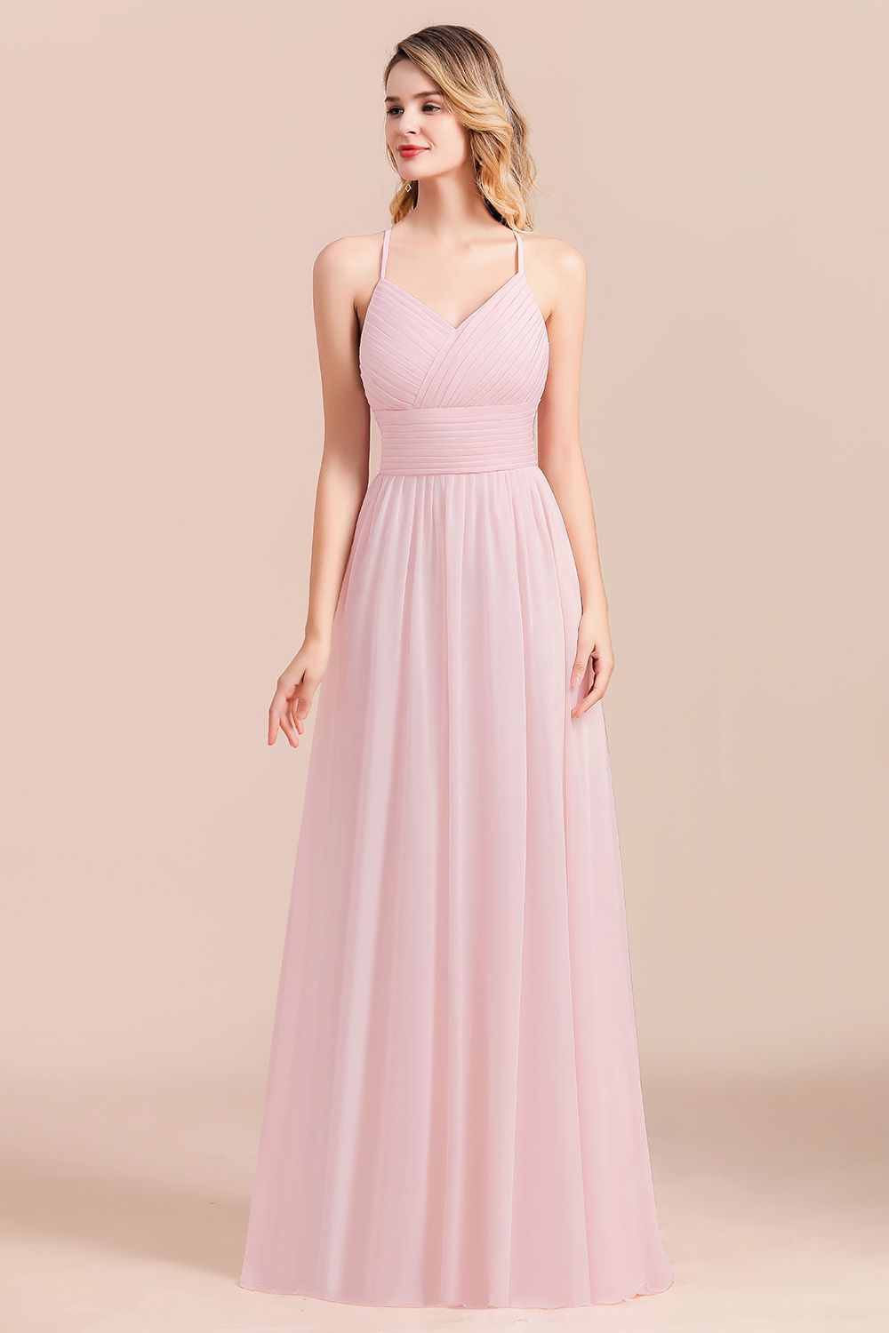 BMbridal Gorgeous Spaghetti Straps Ruffle Pink Chiffon Bridesmaid Dress Affordable-BMbridal