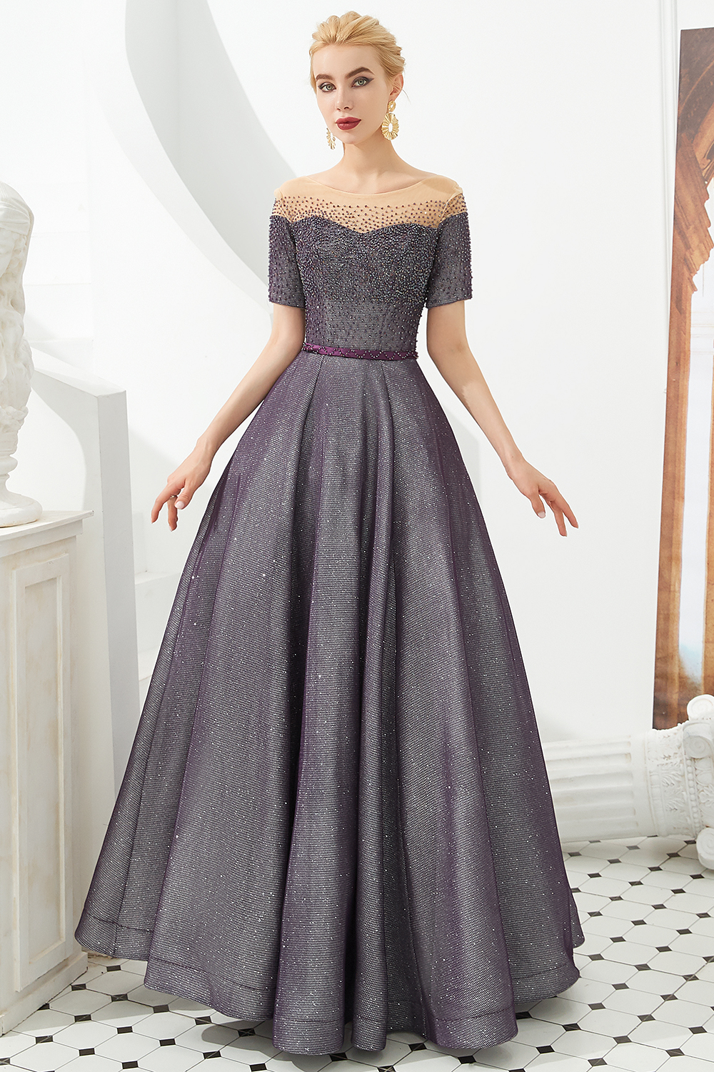 BMbridal Off-the-Shoulder Short Sleeve Beadings Prom Dress Long Lace-up Evening Gowns