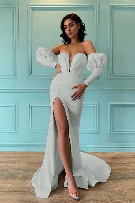 Ivory Bubble Sleeves Sweetheart Long Mermaid Prom Dress With Front Split