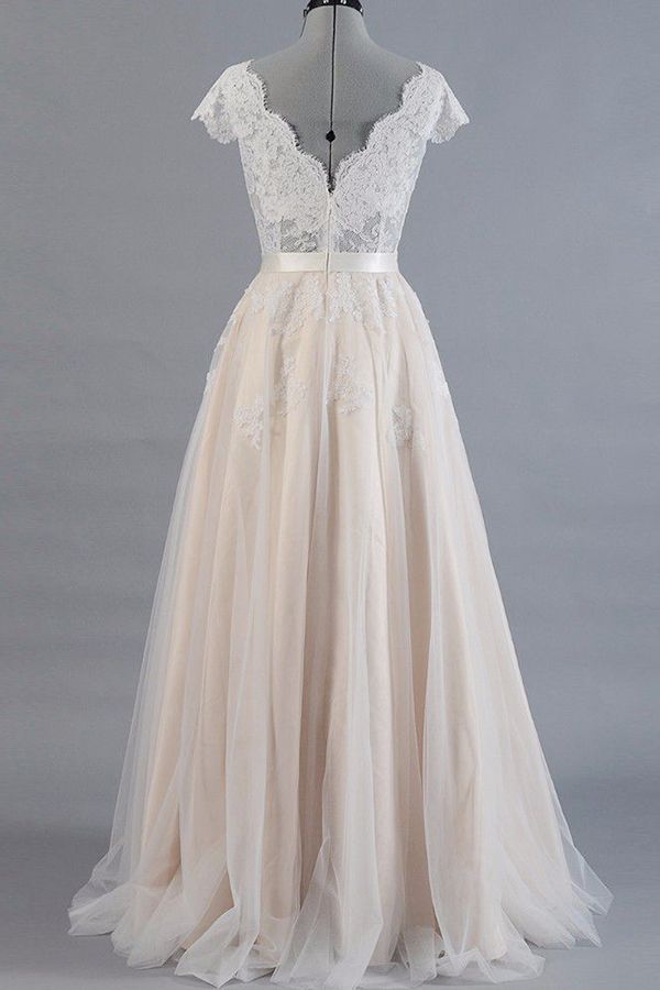 BMbridal Affordable V-neck A-line Wedding Dresses Shorts leeves Tulle Lace Bridal Gowns On Sale
