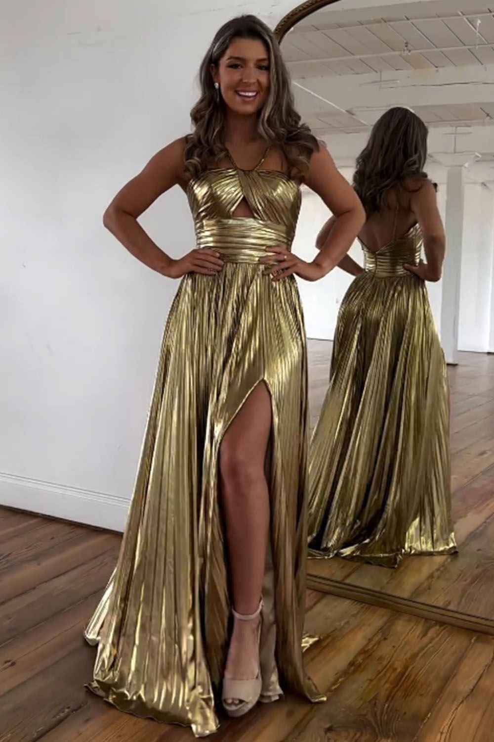 Sparkly A Line Halter Neck Gold Long Prom Dress with Keyhole Slit