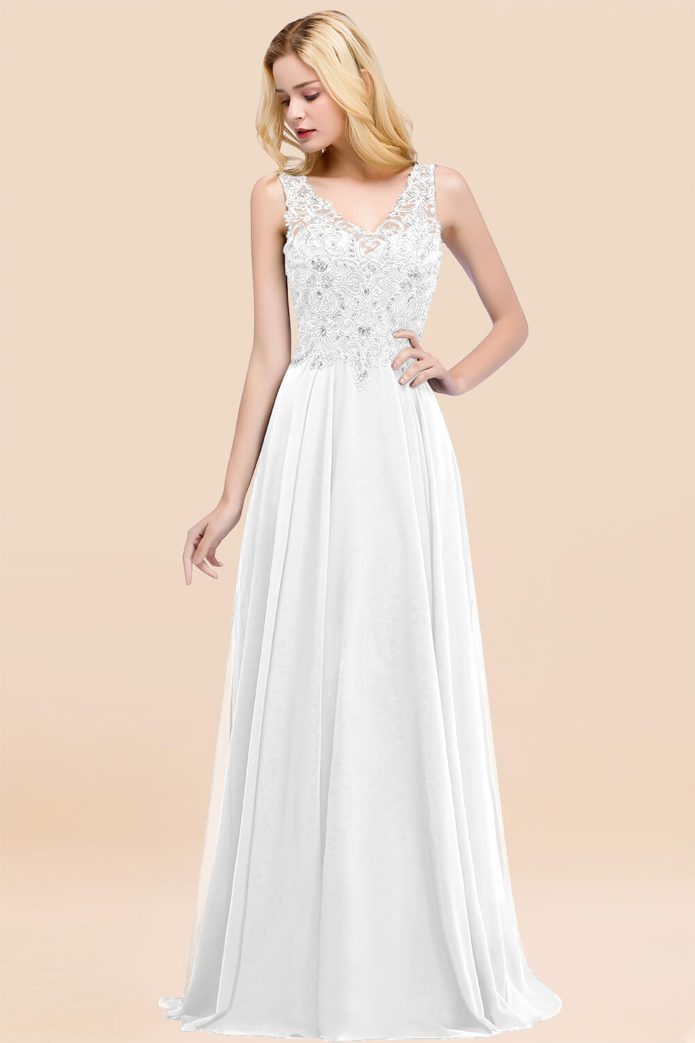 BMbridal Affordable Lace V-Neck Navy Bridesmaid Dresses With Appliques-BMbridal