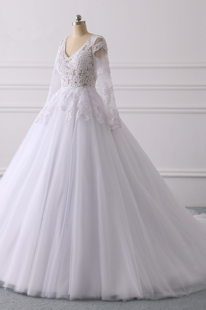 BMbridal Elegant V-Neck Long Sleeves Wedding Dress White Tulle Lace Appliques Bridal Gowns On Sale