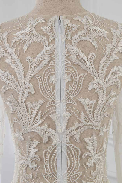 BMbridal Affordable Jewel Chiffon Ruffles Wedding Dresses Lace Top Long Sleeves Bridal Gowns Online