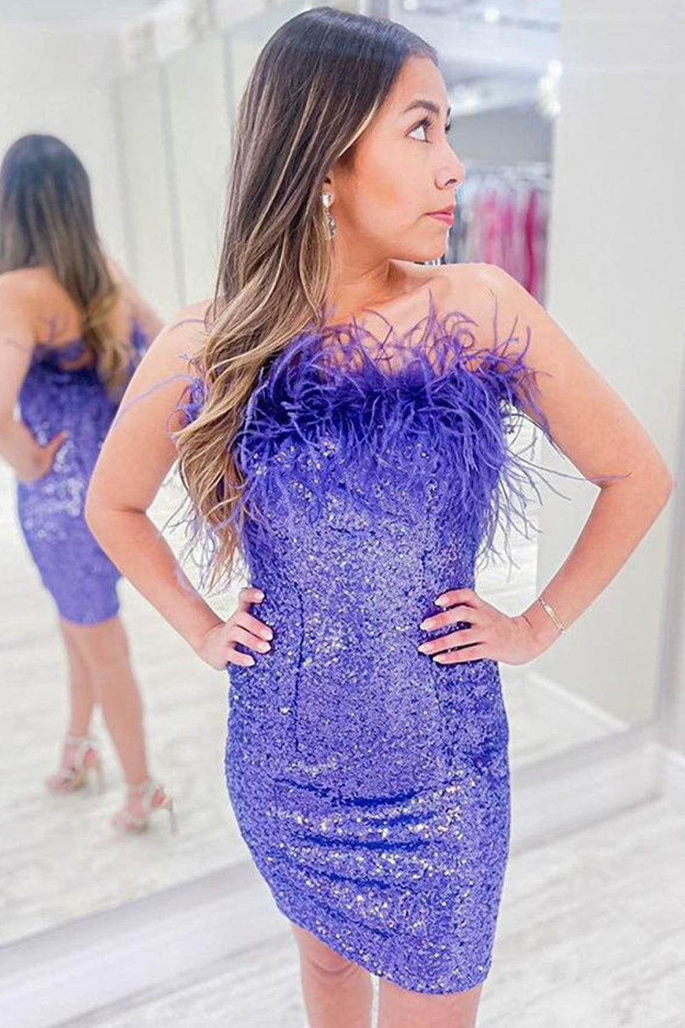 strapless open back dress Women Sparkly Dark Purple Corset Sequins Homecoming Dress main image 0