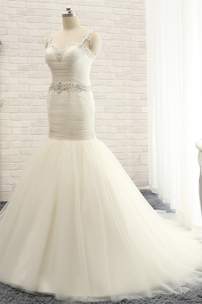 BMbridal Unique Ivory Straps Mermaid Wedding Dresses Tulle Ruffles Sequins Bridal Gowns Online
