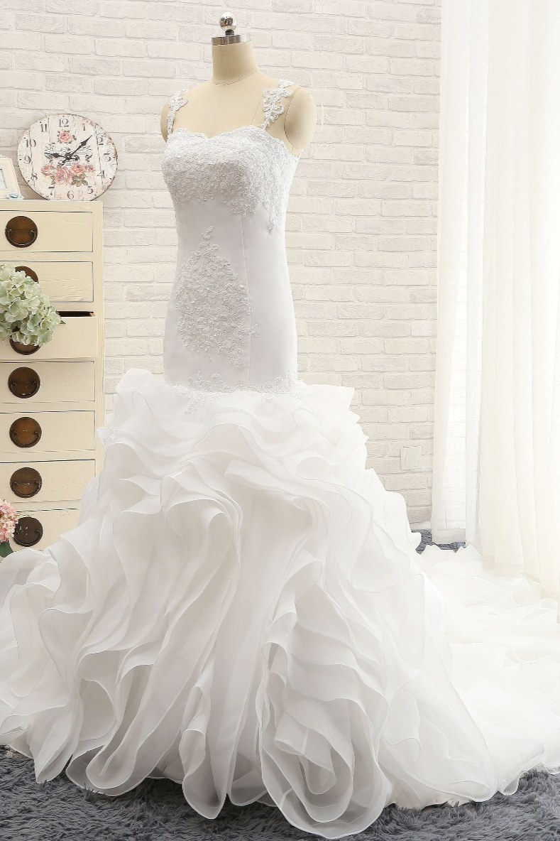 BMbridal Sexy Sleeveless Straps Ruffles Wedding Dresses With Appliques White Mermaid Satin Bridal Gowns Online-BMbridal