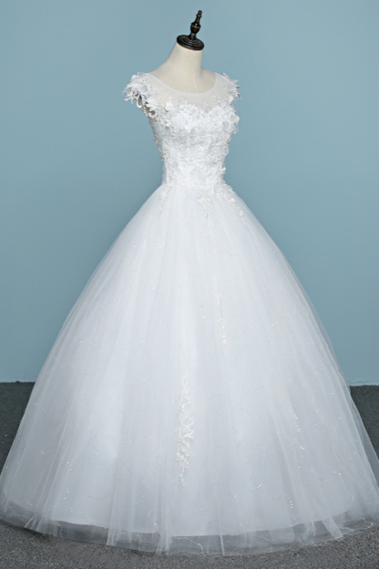 BMbridal Chic Jewel Tulle Lace White Wedding Dress Sleeveless Appliques Bridal Gowns with Flowers Online-BMbridal