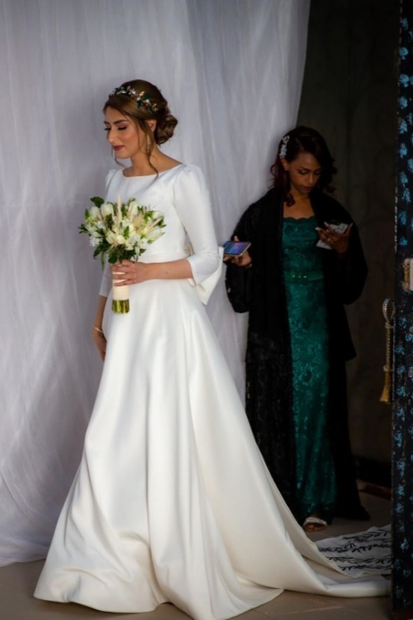 Classic Satin Long A-Line Bateau Wedding Dress with Sleeves