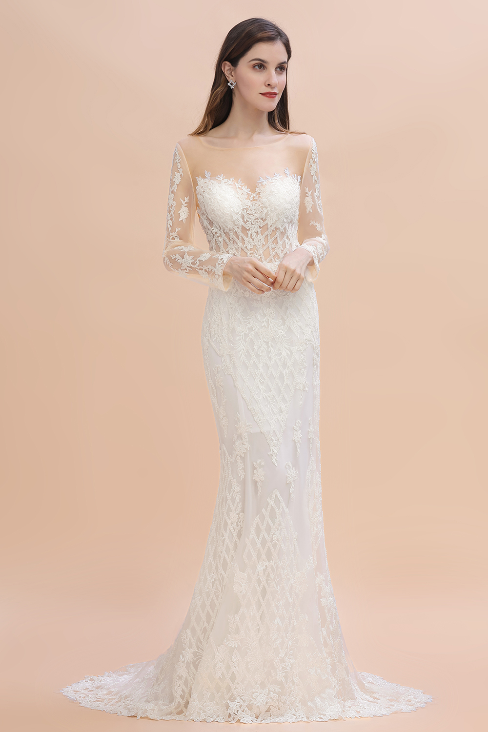 BMbridal Gorgeous Jewel Tulle Lace Wedding Dress Long Sleeves Appliques Mermaid Bridal Gowns On Sale-BMbridal