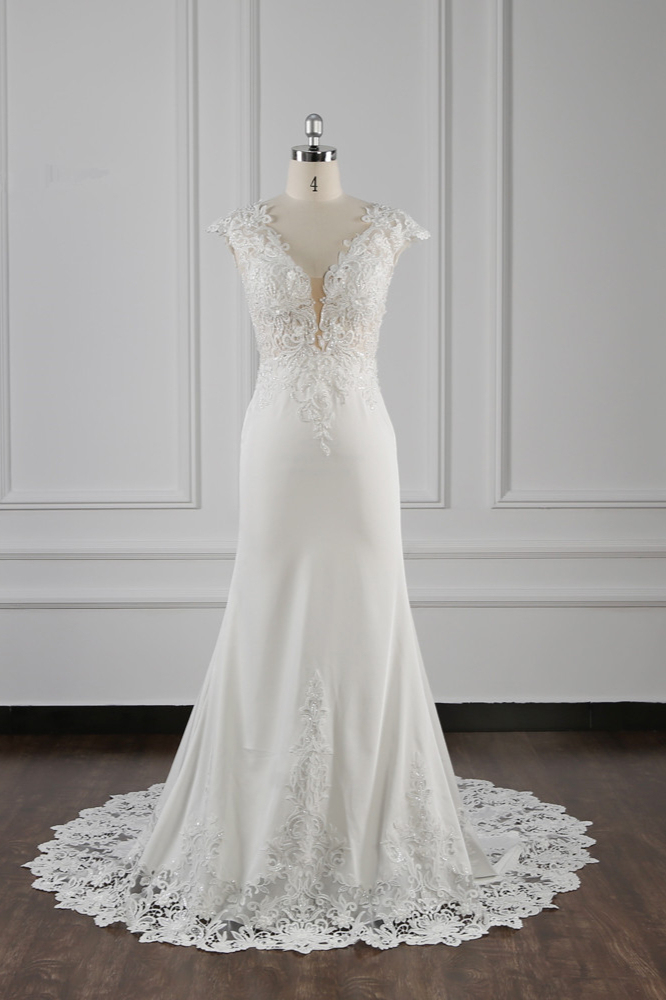 BMbridal Elegant V-neck Chiffon Lace Wedding Dress Beadings Appliques Mermaid Bridal Gowns Online-BMbridal