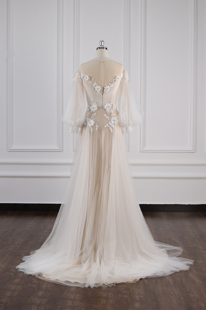 BMbridal Chic Jewel Pink Tulle Flowers Wedding Dress Beadings Appliques Long Sleeves Bridal Gowns On Sale-BMbridal