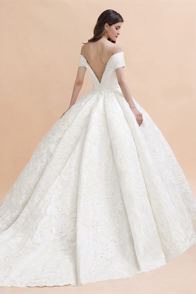 BMbridal Luxury Ball Gown Lace Satin Sweetheart Wedding Dress Sleeveless Bridal Gowns with V-Back On Sale-BMbridal