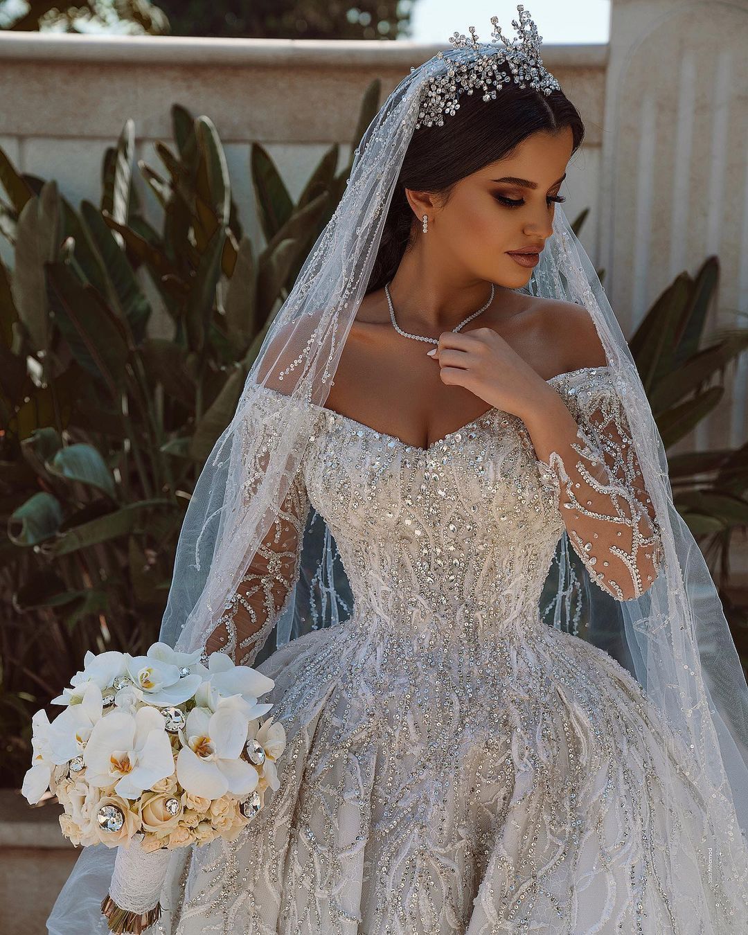 BMbridal Long Sleeves Crystal Wedding Dress Ball Gown Off-the-Shoulder-BMbridal