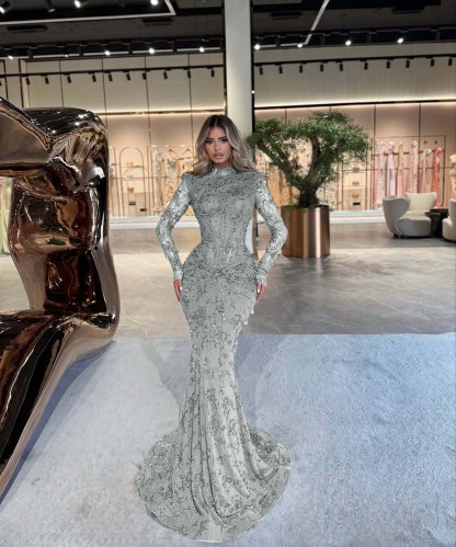 High Neck Long Sleeves Long Mermaid Prom Dress With Beading Pleated