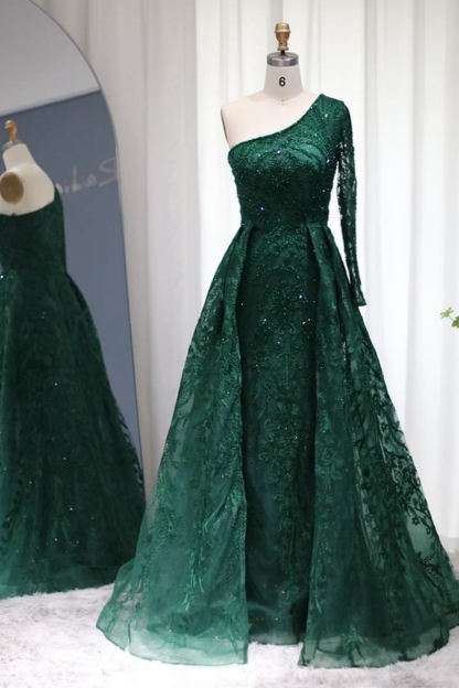 Bmbridal Dark Green Stain One Shoulder A-Line Prom Dresses with Lace