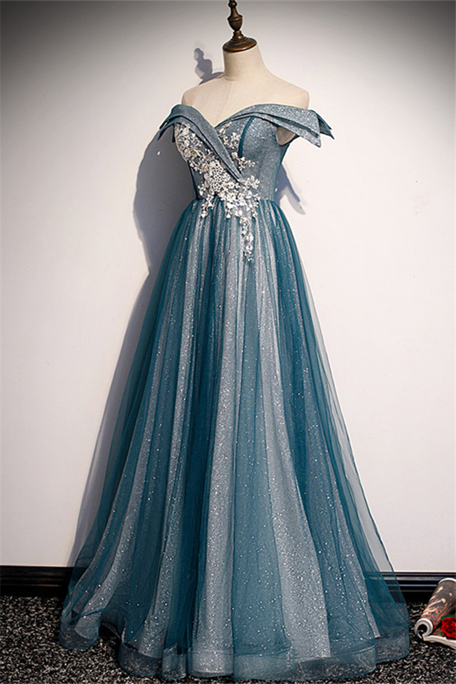 BMbridal Glamorous Tulle Off-the-Shoulder A-Line Prom Dresses with Appliques