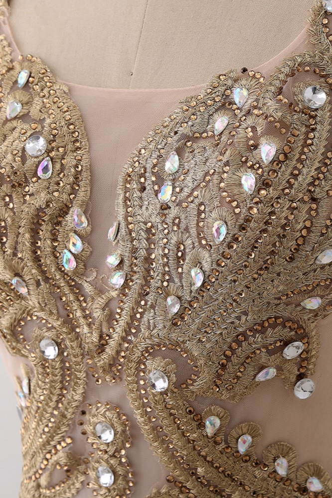 BMbridal Affordabe V-Neck Sleeveless Mermaid Prom Dresses Gold Appliques with Crystals