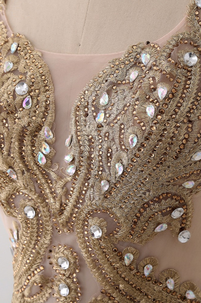 BMbridal Affordabe V-Neck Sleeveless Mermaid Prom Dresses Gold Appliques with Crystals