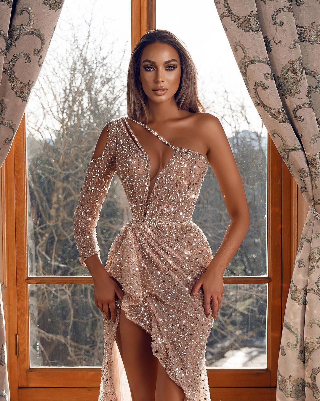 Bmbridal One Shoulder Long Sleevs Prom Dress Slit With Beads Sequins