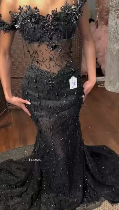 Luxury Black Sequin Mermaid Prom Dress – Illusion Corset Bodice with 3D Beaded Lace & Off-the-Shoulder Detail | 2026 Gothic Glamour Evening Collection