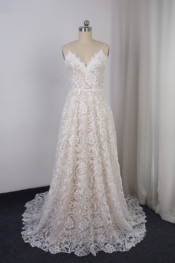 BMbridal Chic Spaghetti Straps V-Neck Lace Wedding Dress A-Line Sleeveless Long Bridal Gowns On Sale-BMbridal