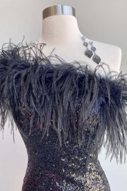 Blue Tight Sequins Homecoming Dress with Feathers