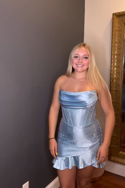 Sparkly Fuchsia Tight Strapless Short Corset Homecoming Dress with Beading