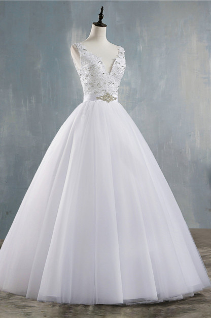 BMbridal Chic Starps V-Neck Beadings Tulle Wedding Dress Sleeveless Appliques Bridal Gowns with Rhinestones-BMbridal
