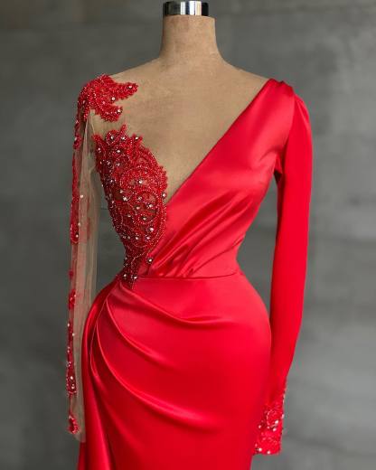 BMbridal Long Sleeves Appliques Mermaid Prom Dress