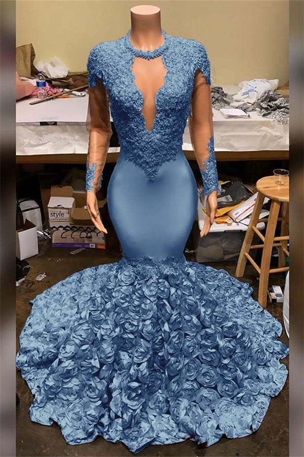 Elegant Mermaid V Neck Prom Dress Appliques Long Sleeves With Flowers Bottom
