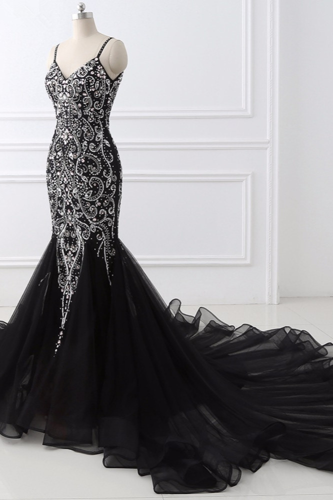 BMbridal Gorgeous Spaghetti Straps Black Mermaid Prom Dresses with Rhinestones Online
