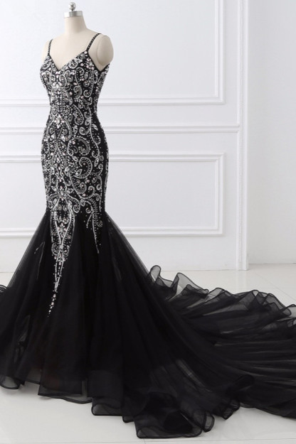 BMbridal Gorgeous Spaghetti Straps Black Mermaid Prom Dresses with Rhinestones Online