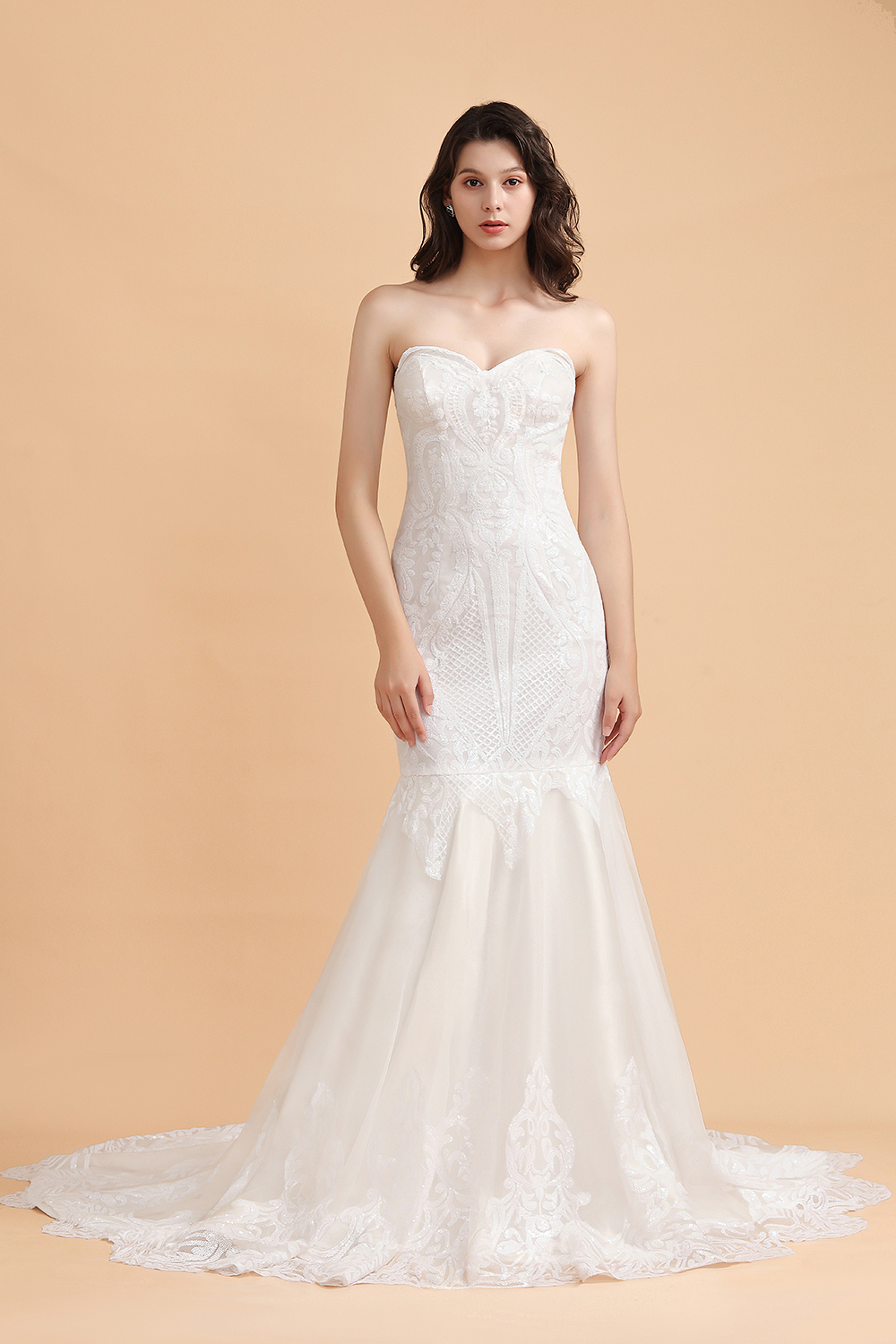 BMbridal Chic Strapless Sweetheart Ivory Mermaid Prom Dresses Sleeveless Appliques Sequined Evening Dresses On Sale-BMbridal